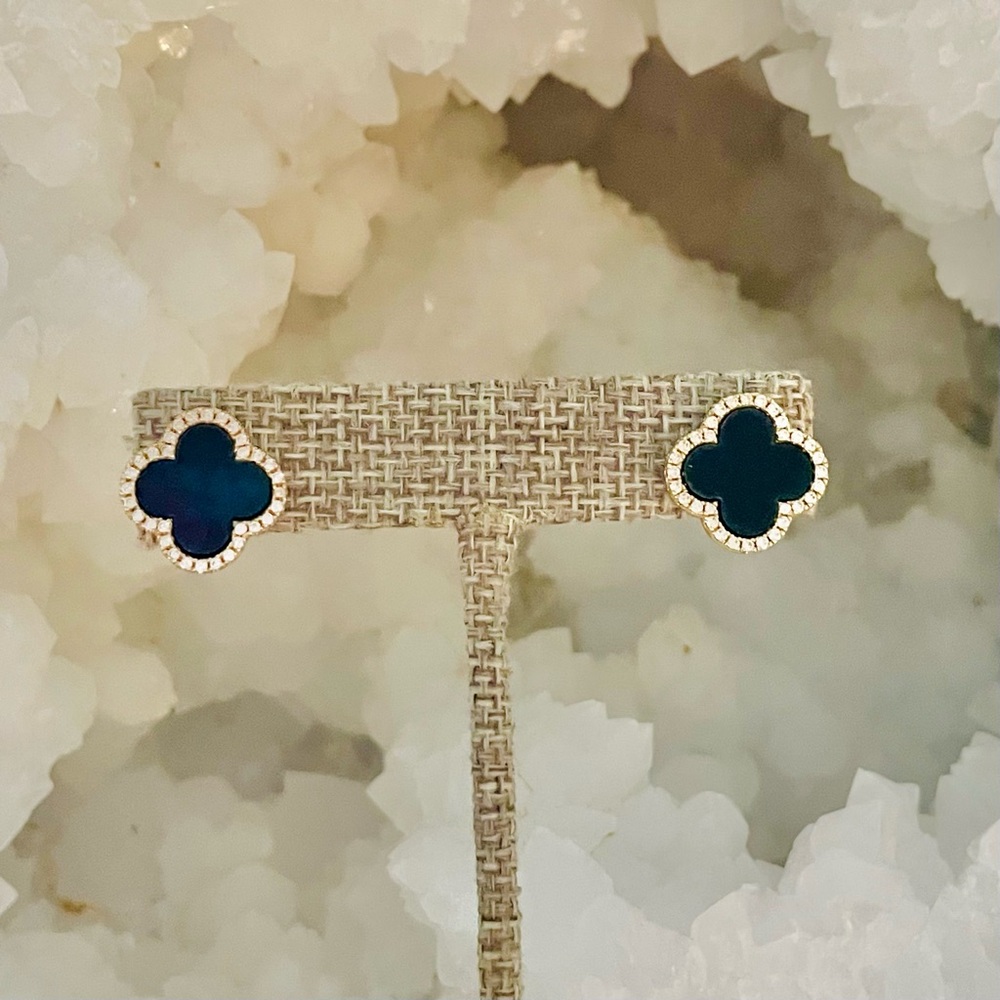 Elegant Black Quatrefoil Clover Stud Earrings featuring crystal halo setting